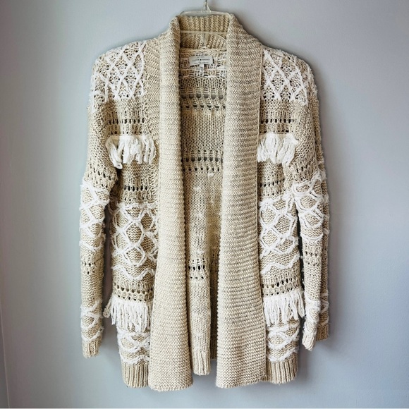 Lucky Brand Cream and White Stripe Fringe Cardigan - Picture 2 of 10